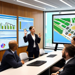 **Prompt:** A diverse team of public administrators collaborating in a modern, light-filled government office, gathered around a large interactive screen displaying a strategic urban development plan. The lead administrator points confidently towards a future cityscape rendered on the screen, symbolizing strategic vision, long-term planning, and innovative public service. Emphasize a sense of progress and foresight. High-angle shot, sleek modern architecture.