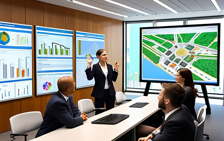 **Prompt:** A diverse team of public administrators collaborating in a modern, light-filled government office, gathered around a large interactive screen displaying a strategic urban development plan. The lead administrator points confidently towards a future cityscape rendered on the screen, symbolizing strategic vision, long-term planning, and innovative public service. Emphasize a sense of progress and foresight. High-angle shot, sleek modern architecture.