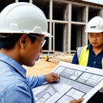 **Image Prompt:** A construction site in Vietnam. Focus on a project manager wearing a hard hat, confidently reviewing blueprints with a diverse team. Emphasize modern construction technology like BIM being used, showcasing career advancement with a Public Works Management certification.