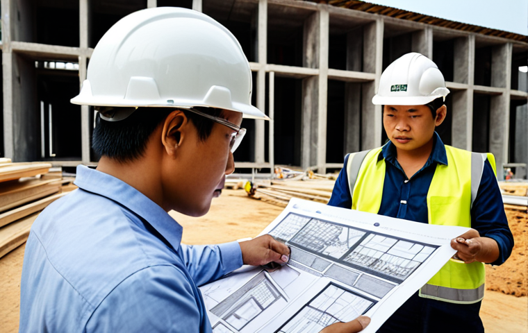 **Image Prompt:** A construction site in Vietnam. Focus on a project manager wearing a hard hat, confidently reviewing blueprints with a diverse team. Emphasize modern construction technology like BIM being used, showcasing career advancement with a Public Works Management certification.