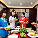 **A modern apartment complex community event in Vietnam, showcasing residents socializing and participating in a fun activity like a cooking class or a Tet celebration, emphasizing a sense of community and connection.**