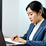 A focused Vietnamese professional woman, mid-30s, dressed in a modest, well-tailored business suit, fully clothed, appropriate attire, professional dress. She is seated at a clean, modern desk, diligently reviewing study materials for a public management certificate on a laptop screen that subtly displays a government policy document or a data visualization. The background is a contemporary, well-lit office space. safe for work, appropriate content, perfect anatomy, correct proportions, natural pose, well-formed hands, proper finger count, natural body proportions, professional photography, high resolution, professional.
