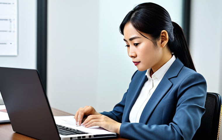 A focused Vietnamese professional woman, mid-30s, dressed in a modest, well-tailored business suit, fully clothed, appropriate attire, professional dress. She is seated at a clean, modern desk, diligently reviewing study materials for a public management certificate on a laptop screen that subtly displays a government policy document or a data visualization. The background is a contemporary, well-lit office space. safe for work, appropriate content, perfect anatomy, correct proportions, natural pose, well-formed hands, proper finger count, natural body proportions, professional photography, high resolution, professional.