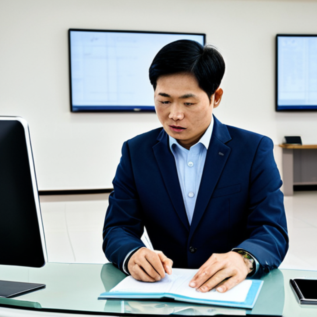 A professional Vietnamese public servant, fully clothed in a modest business suit, is seated at an ergonomic desk within a modern, brightly lit government service center. The public servant is engaging a citizen, who is also fully clothed in appropriate attire, demonstrating a digital public service on a clear tablet screen. The scene conveys efficiency, transparency, and accessibility, with clean architectural lines in the background. perfect anatomy, correct proportions, natural pose, well-formed hands, proper finger count, natural body proportions, professional photography, high quality, safe for work, appropriate content, fully clothed, professional, family-friendly.