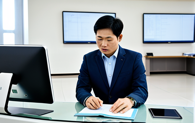 A professional Vietnamese public servant, fully clothed in a modest business suit, is seated at an ergonomic desk within a modern, brightly lit government service center. The public servant is engaging a citizen, who is also fully clothed in appropriate attire, demonstrating a digital public service on a clear tablet screen. The scene conveys efficiency, transparency, and accessibility, with clean architectural lines in the background. perfect anatomy, correct proportions, natural pose, well-formed hands, proper finger count, natural body proportions, professional photography, high quality, safe for work, appropriate content, fully clothed, professional, family-friendly.