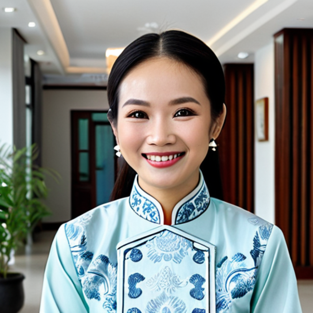 Modern Apartment Complex Management**
"A professional and friendly female property manager, fully clothed in a modest Ao Dai (traditional Vietnamese dress), smiling warmly while standing in the lobby of a modern apartment building in Hanoi, Vietnam. The lobby is clean, well-lit, and features potted plants. Safe for work, appropriate content, family-friendly, professional, perfect anatomy, natural proportions, high-resolution photography, showcasing competence and approachability."
**