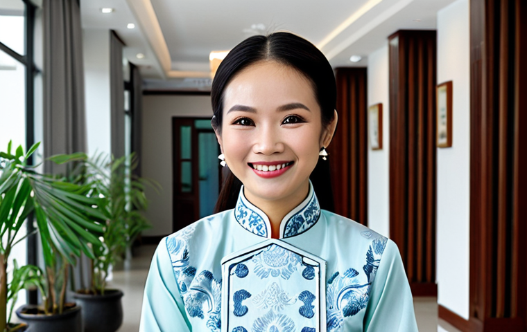 Modern Apartment Complex Management**
"A professional and friendly female property manager, fully clothed in a modest Ao Dai (traditional Vietnamese dress), smiling warmly while standing in the lobby of a modern apartment building in Hanoi, Vietnam. The lobby is clean, well-lit, and features potted plants. Safe for work, appropriate content, family-friendly, professional, perfect anatomy, natural proportions, high-resolution photography, showcasing competence and approachability."
**