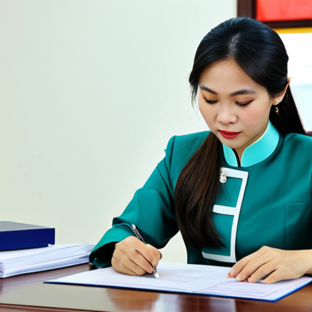 Public Sector Professional**
A competent and confident Vietnamese woman in a modest, tailored ao dai, sitting at a desk in a bright, modern government office in Hanoi. She's reviewing documents with a focused expression. The background includes awards and a Vietnamese flag. Fully clothed, appropriate attire, safe for work, perfect anatomy, natural proportions, professional photography, high quality, professional.
**
