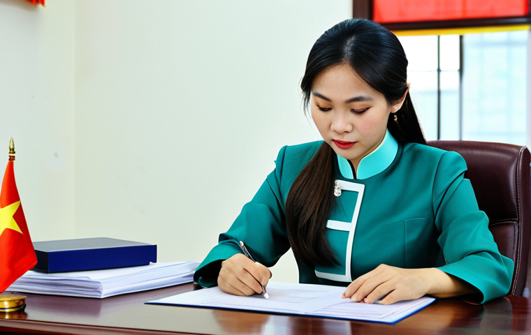 Public Sector Professional**
A competent and confident Vietnamese woman in a modest, tailored ao dai, sitting at a desk in a bright, modern government office in Hanoi. She's reviewing documents with a focused expression. The background includes awards and a Vietnamese flag. Fully clothed, appropriate attire, safe for work, perfect anatomy, natural proportions, professional photography, high quality, professional.
**