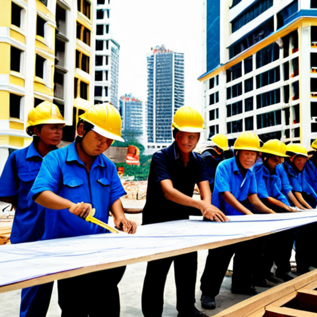 **

A bustling construction site in Ho Chi Minh City, Vietnam during the daytime. Engineers and construction workers, all wearing helmets and appropriate safety gear, are collaborating around blueprints. A modern high-rise building is under construction in the background. Focus on the organized chaos and teamwork. "Safe for work", "appropriate content", "fully clothed", "professional", "realistic", "high resolution".

**