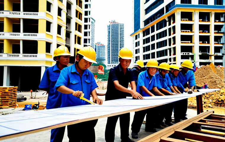 **
A bustling construction site in Ho Chi Minh City, Vietnam during the daytime. Engineers and construction workers, all wearing helmets and appropriate safety gear, are collaborating around blueprints. A modern high-rise building is under construction in the background. Focus on the organized chaos and teamwork. "Safe for work", "appropriate content", "fully clothed", "professional", "realistic", "high resolution".
**