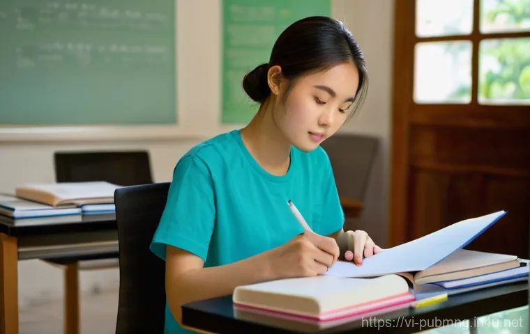 공공관리사 실기시험 준비 과정에서의 교훈 - **Prompt:** A young Vietnamese woman, in her early twenties, is deeply immersed in her studies at a ...
