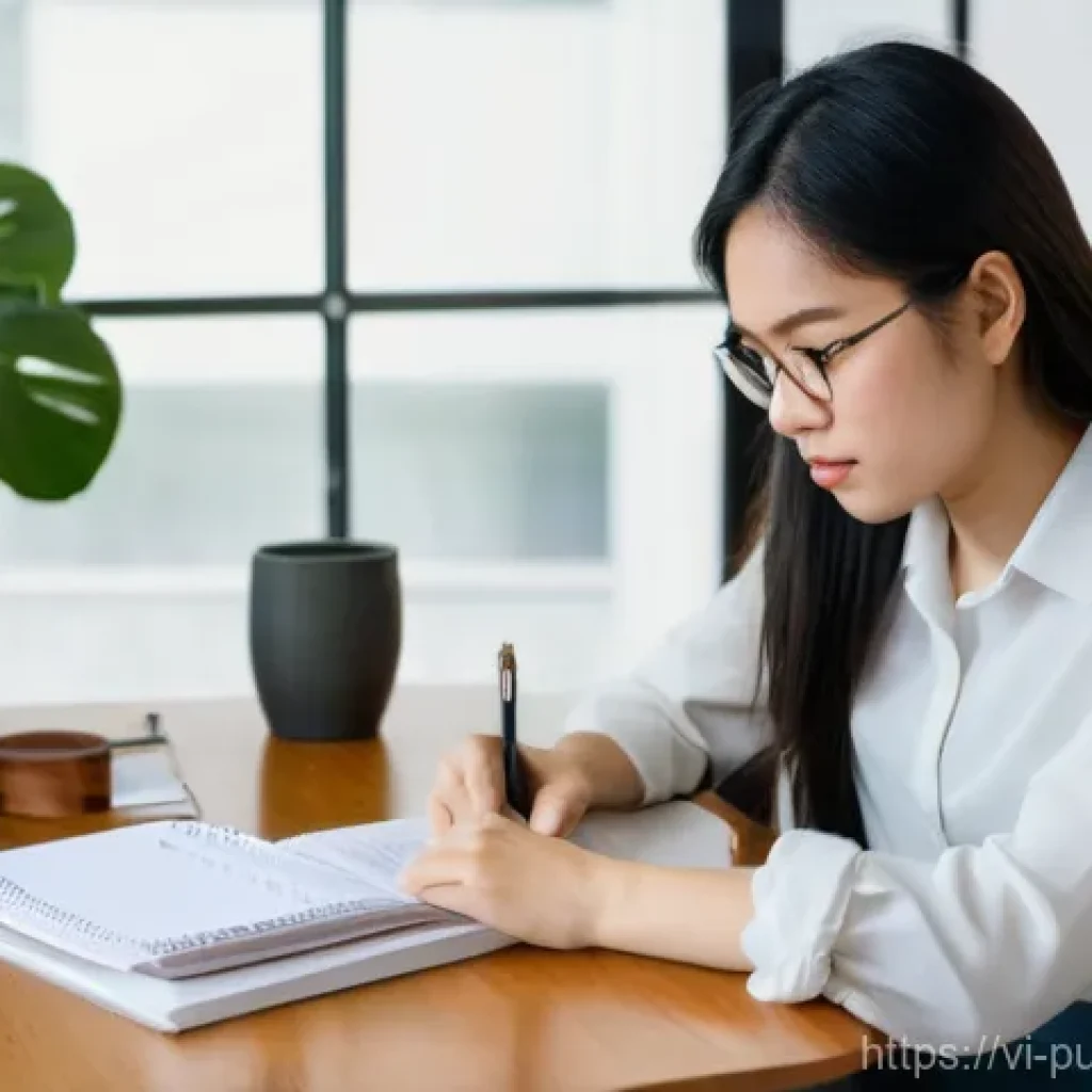 공공관리사 필기시험 준비 과정 공유 - A determined young Vietnamese woman in her early twenties is meticulously reviewing her civil servic...