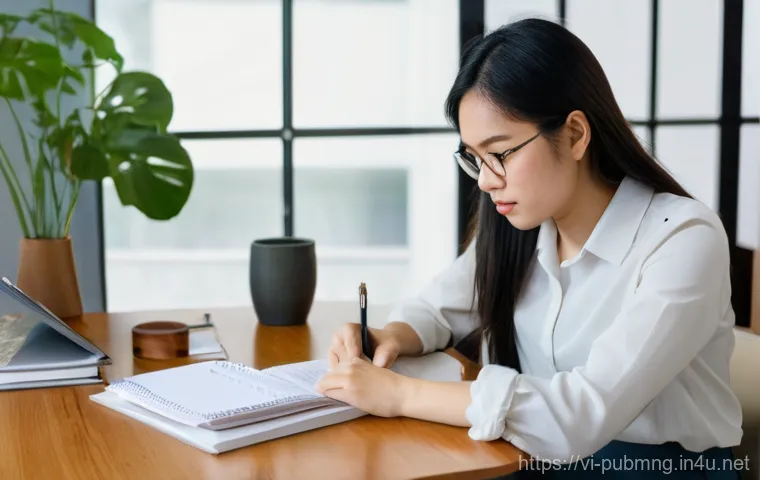 공공관리사 필기시험 준비 과정 공유 - A determined young Vietnamese woman in her early twenties is meticulously reviewing her civil servic...