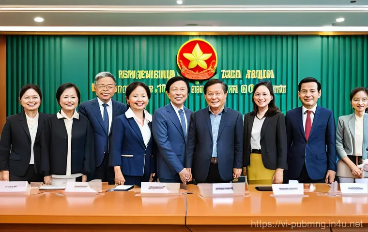 공공관리사 실무에서의 팀워크와 협력 기술 - **Prompt:** A diverse group of Vietnamese public officials, ranging in age and gender, are actively ...