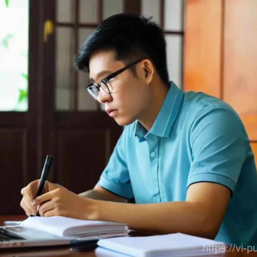 공공관리사 취업 전략과 준비 방법 - **Prompt:** A young, determined Vietnamese man in his early twenties is deeply engrossed in studying...