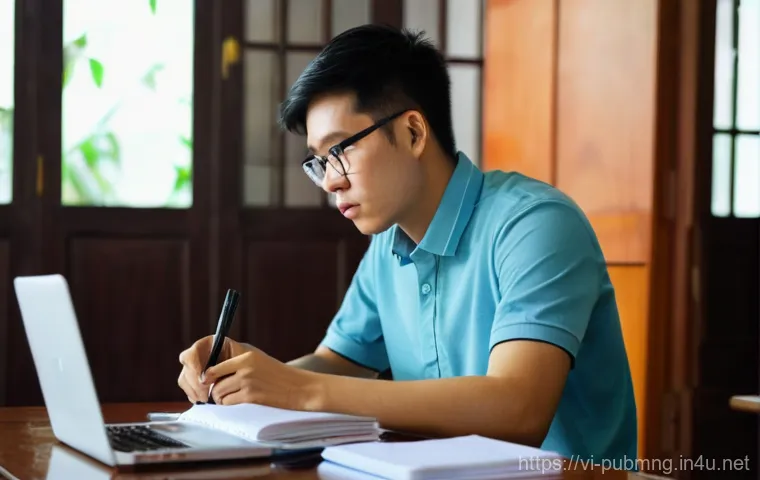 공공관리사 취업 전략과 준비 방법 - **Prompt:** A young, determined Vietnamese man in his early twenties is deeply engrossed in studying...