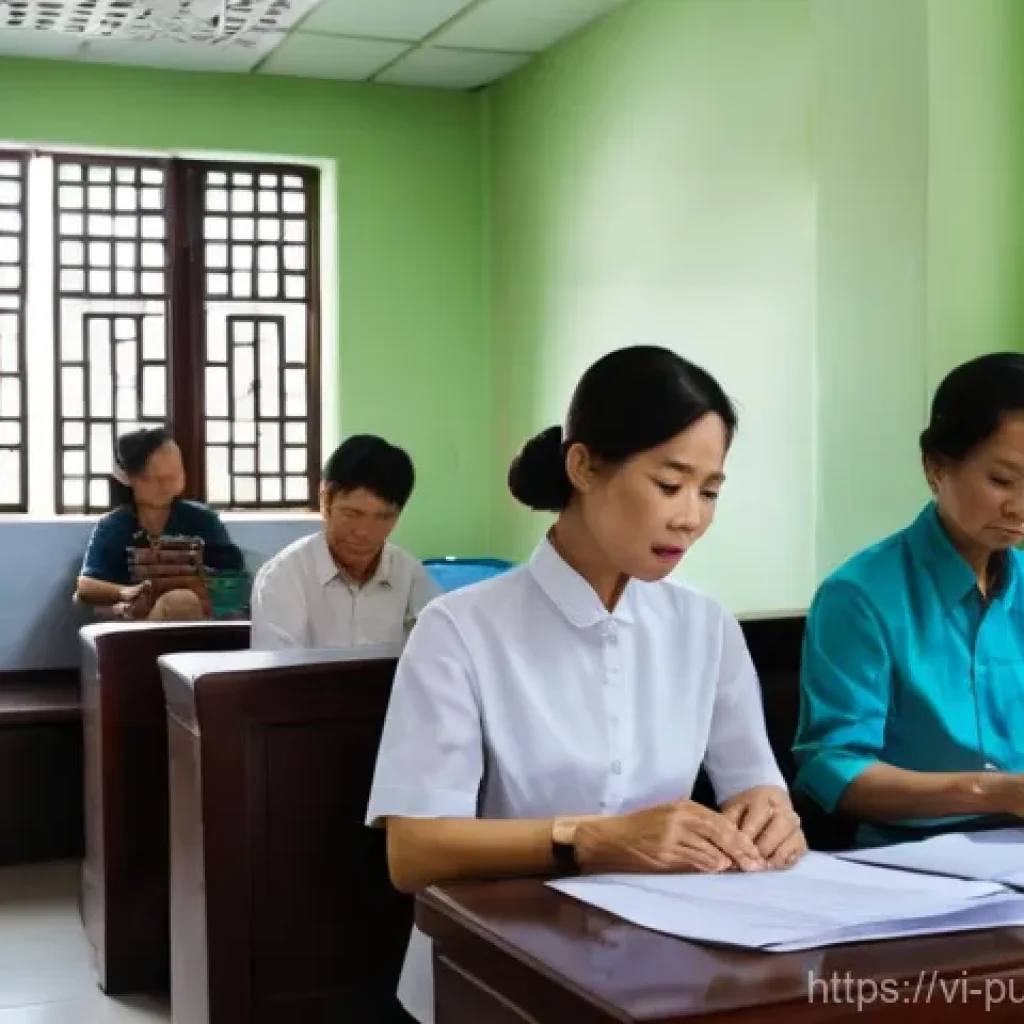 공공관리사 실무에서의 주요 문제와 해결 방법 - A bustling, slightly chaotic waiting room at a Vietnamese government administrative office. A divers...