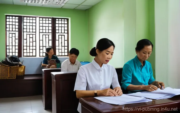 공공관리사 실무에서의 주요 문제와 해결 방법 - A bustling, slightly chaotic waiting room at a Vietnamese government administrative office. A divers...
