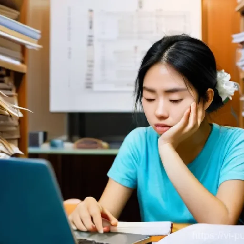 공공관리사 시험 중 자주 겪는 실수 - **Prompt:** A young Vietnamese student, female, sitting at a desk in a moderately lit room that feel...