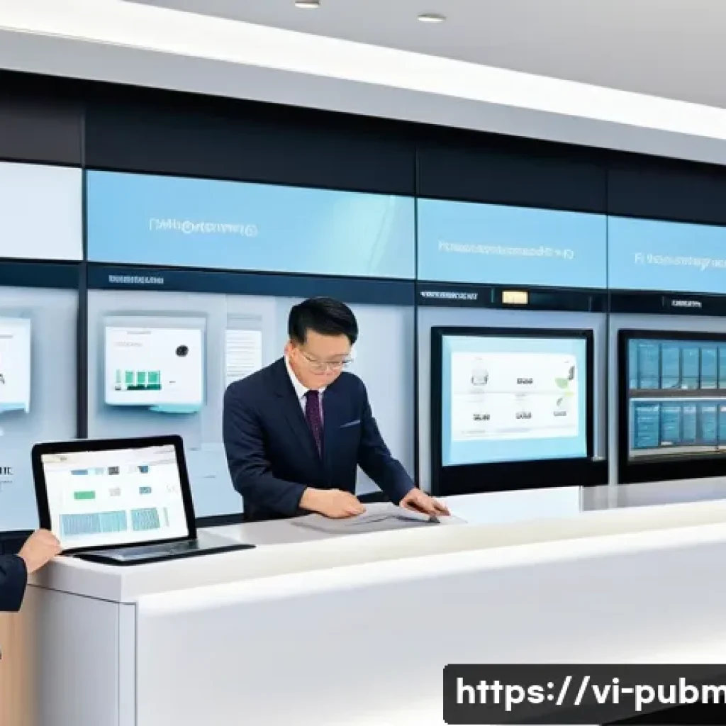 공공관리사와 관련된 국제 협력 사례와 교훈 - **Prompt:** A bustling, ultra-modern government service hub, brightly lit with natural light, in a c...