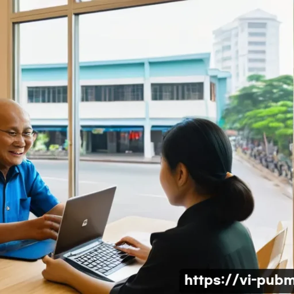 공공관리사와 관련된 산업 동향과 최신 기술 - **Digital Public Services for All:** A vibrant, sunlit scene inside a modern, airy community center ...