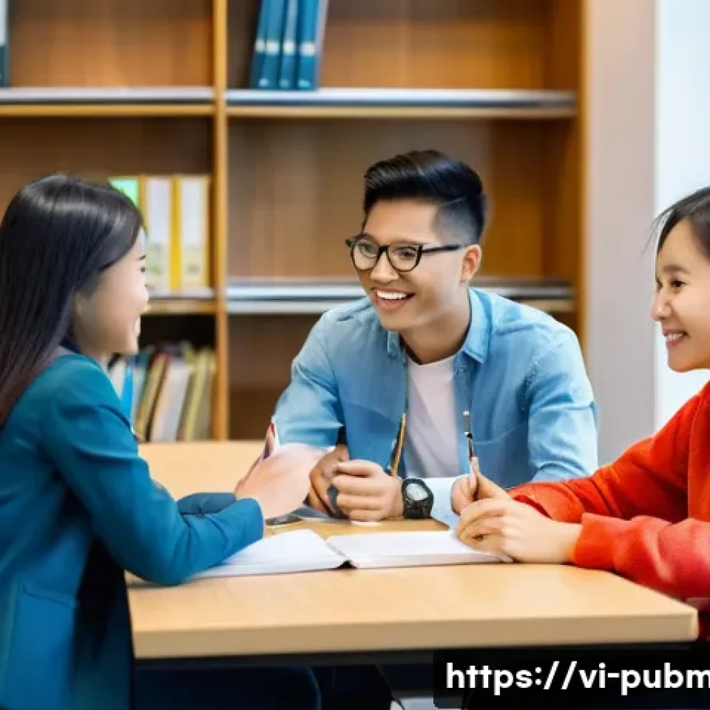 공공관리사 시험 대비를 위한 스터디 그룹 운영 사례 - **Prompt:** A diverse group of four young Vietnamese adults (two females, two males), aged 22-28, ar...