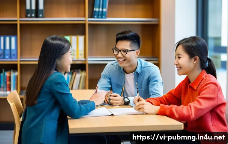 공공관리사 시험 대비를 위한 스터디 그룹 운영 사례 - **Prompt:** A diverse group of four young Vietnamese adults (two females, two males), aged 22-28, ar...