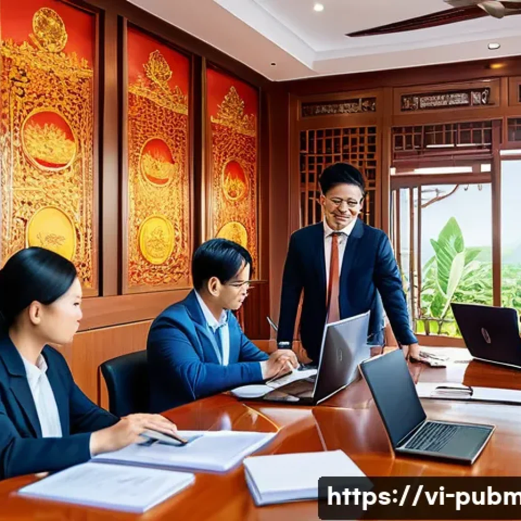 공공관리사 자격증의 경쟁력 - A professional Vietnamese office environment showing a confident young public administration manager...