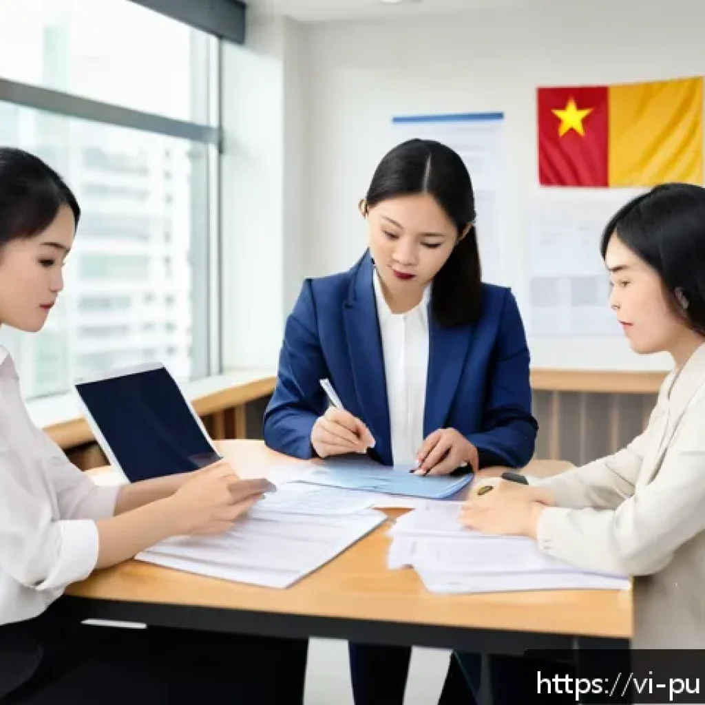 공공관리사 자격증 취득 방법 - A professional Vietnamese office scene showing a diverse group of young adults preparing application...