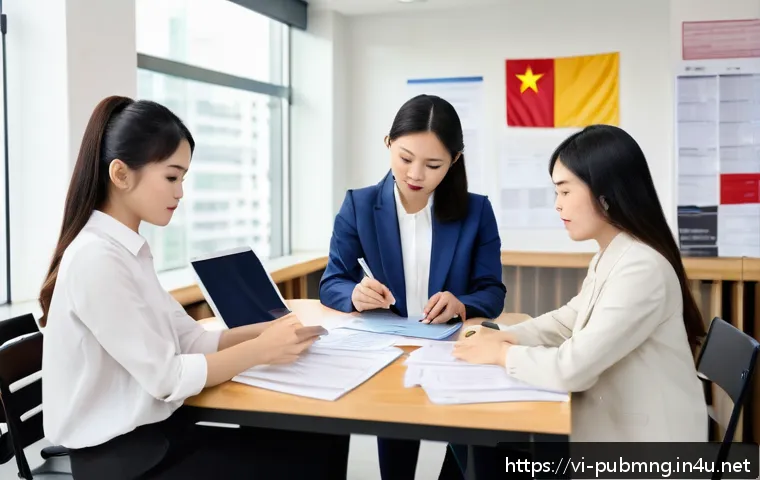 공공관리사 자격증 취득 방법 - A professional Vietnamese office scene showing a diverse group of young adults preparing application...