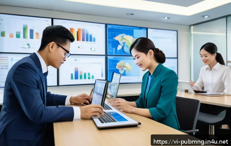 공공관리사 직무에서의 윤리적 문제와 해결 방법 - A modern Vietnamese government office scene showing diverse civil servants working collaboratively w...