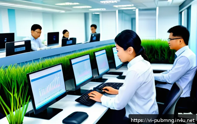 공공관리사 실무에서 자주 사용하는 소프트웨어와 도구 - A modern Vietnamese public administration office scene showing diverse professionals using advanced ...