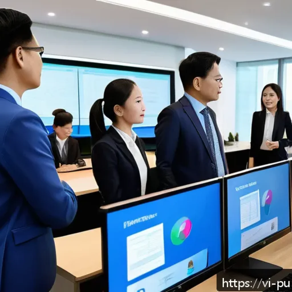공공관리사 업무 중 자주 겪는 문제 - A modern Vietnamese public administration office scene showing a diverse group of government officia...