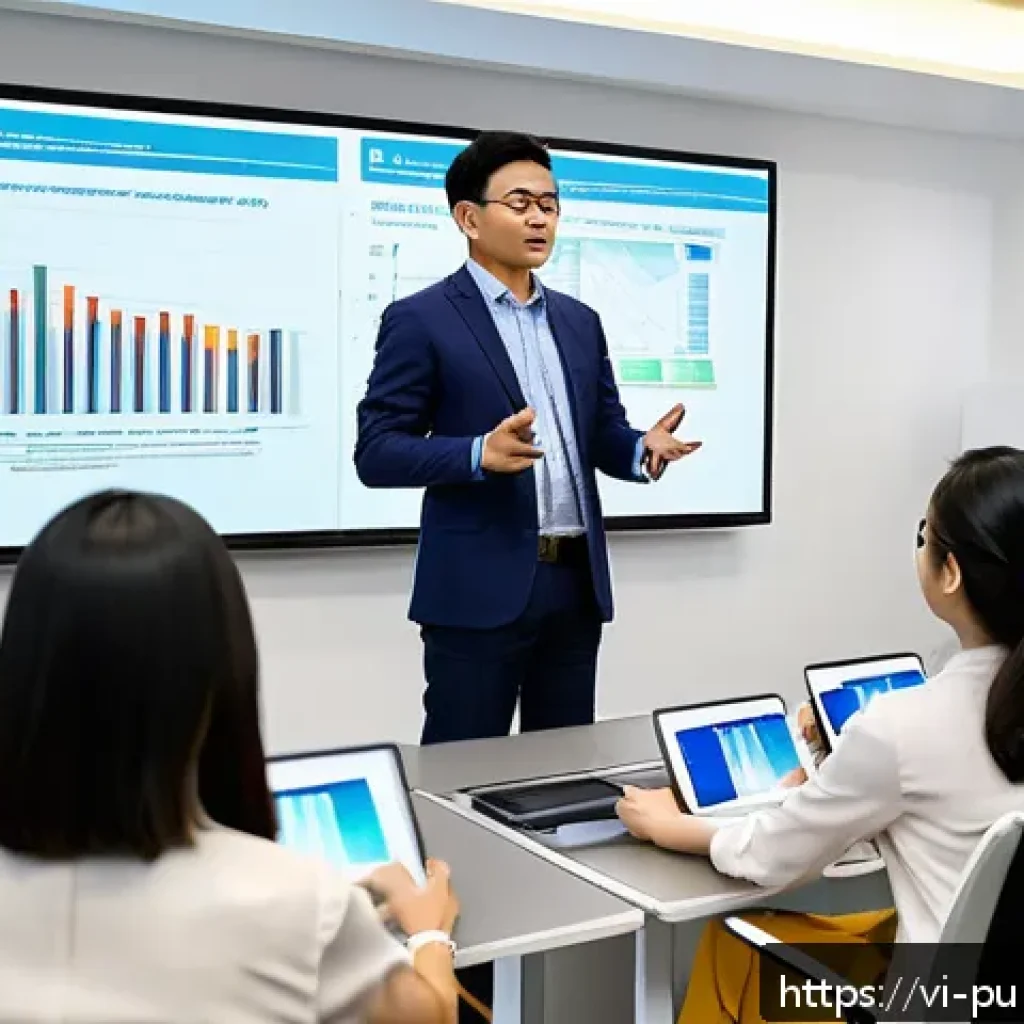공공관리사 직무 교육에서의 주요 과제 - A modern Vietnamese government office training session showing a diverse group of professional civil...