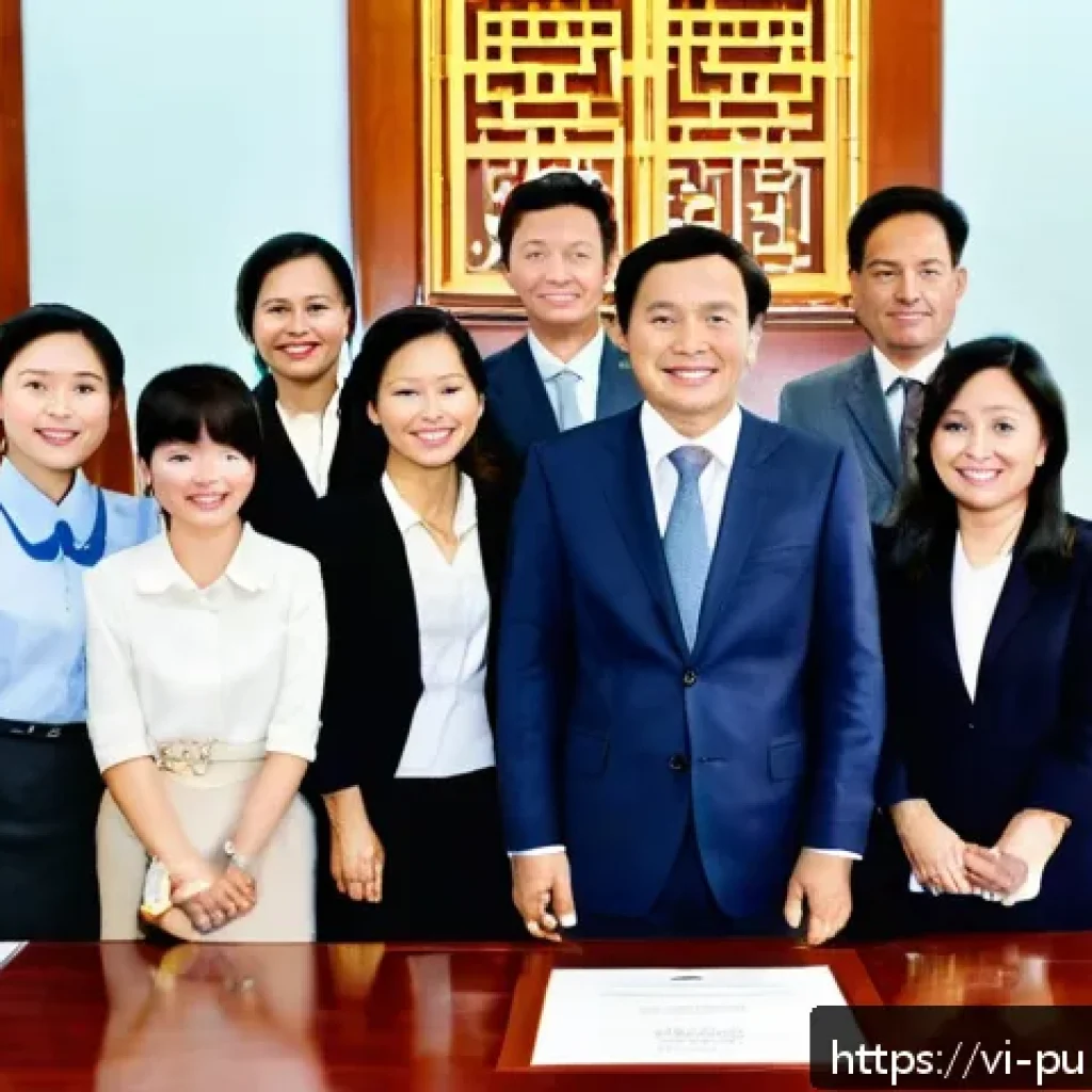 공공관리사 자격증의 글로벌 성장 가능성 - A professional Vietnamese public administration office setting, with a confident mid-level manager i...