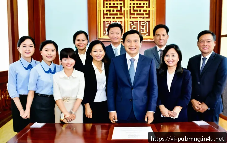 공공관리사 자격증의 글로벌 성장 가능성 - A professional Vietnamese public administration office setting, with a confident mid-level manager i...