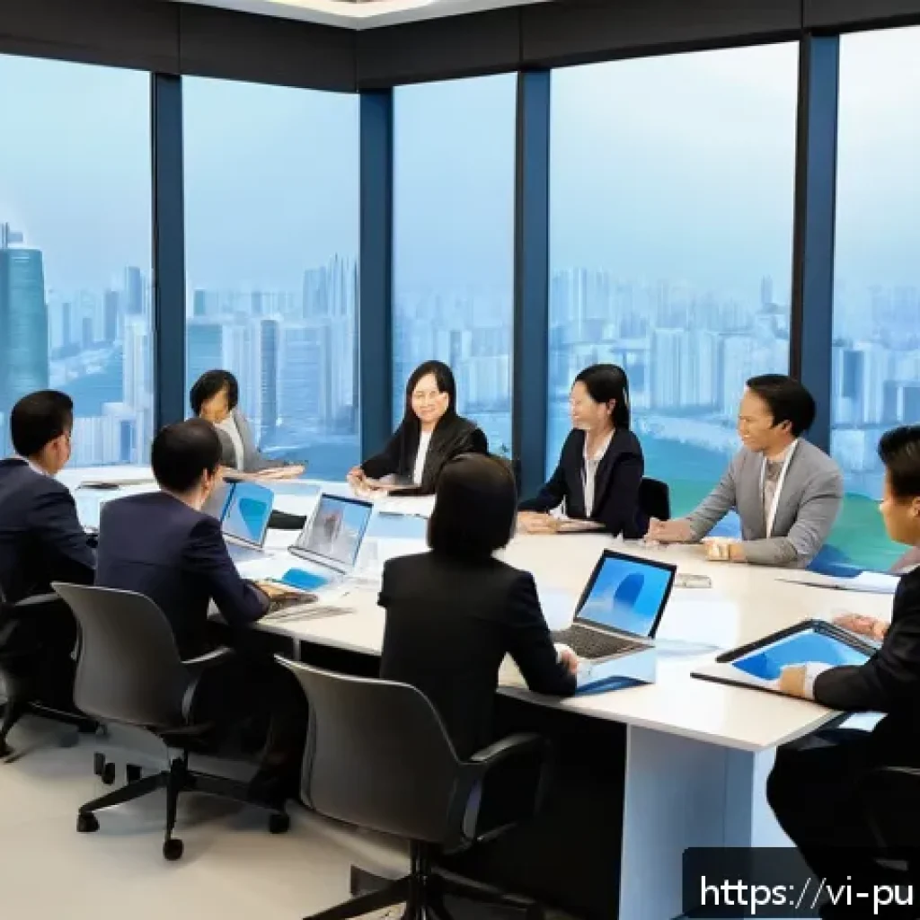 공공관리사 자격증을 통한 경력 전환 사례 - A professional Vietnamese office setting showing a diverse group of business people engaged in a pub...
