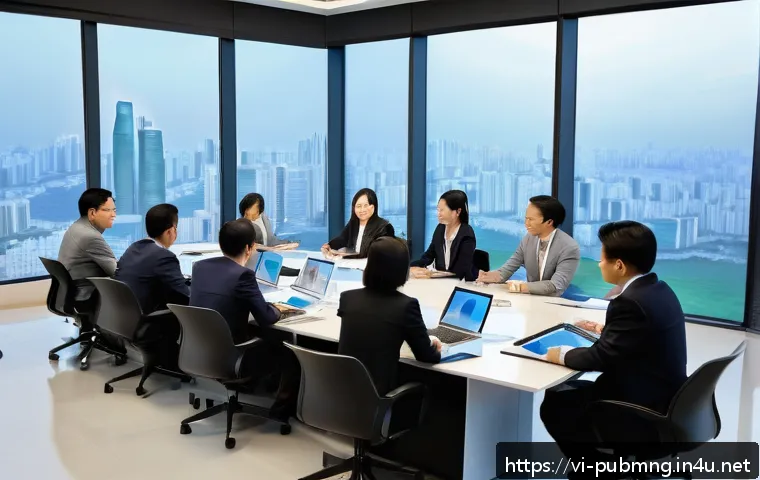 공공관리사 자격증을 통한 경력 전환 사례 - A professional Vietnamese office setting showing a diverse group of business people engaged in a pub...