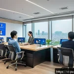Home 19 공공관리사 채용 시장 트렌드 분석 - A modern Vietnamese public administration office scene showing a diverse group of professional manag...