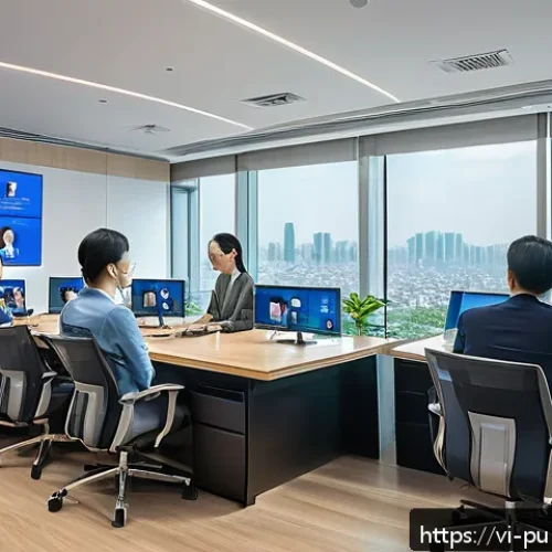Home 31 공공관리사 채용 시장 트렌드 분석 - A modern Vietnamese public administration office scene showing a diverse group of professional manag...