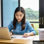 Home 18 공공관리사 채용 공고 분석 - A professional Vietnamese office setting showing a young adult Vietnamese woman preparing a job appl...