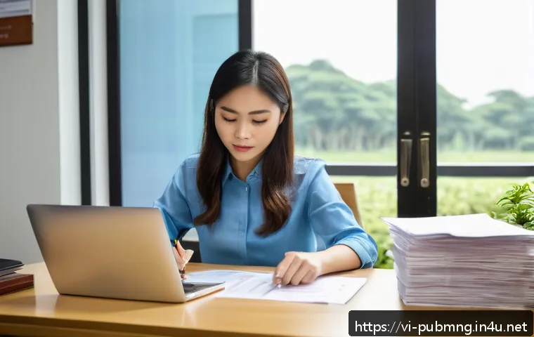 공공관리사 채용 공고 분석 - A professional Vietnamese office setting showing a young adult Vietnamese woman preparing a job appl...
